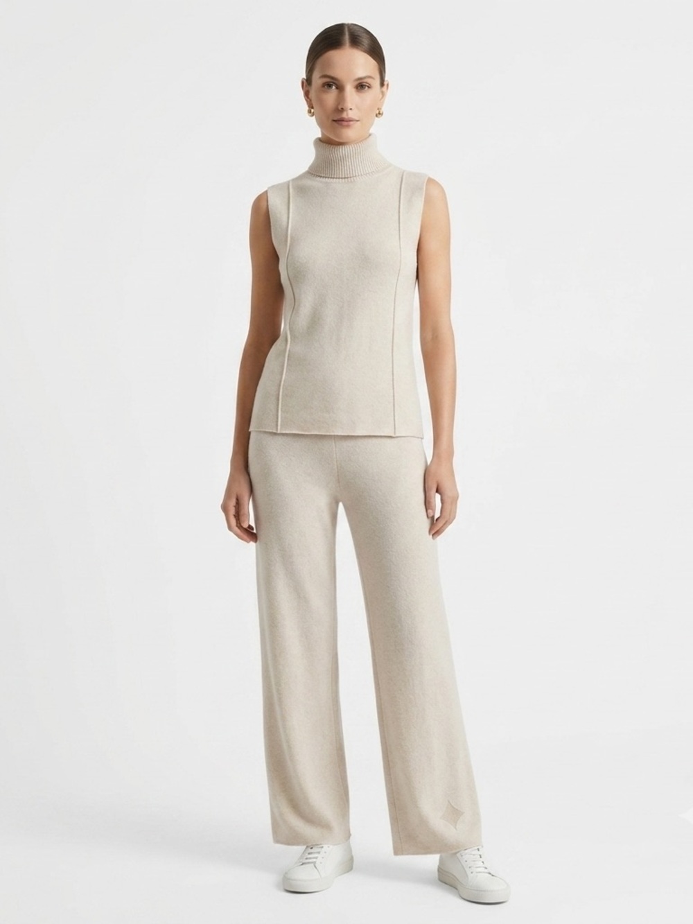 Zara Cream Ribbed Knit Two-Piece Set Sleeveless Turtleneck & Pants M